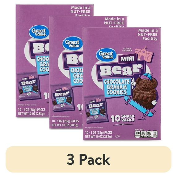 (3 pack) Great Value Mini Bear Chocolate Graham Cookies, 1 oz, 10 Snack Packs