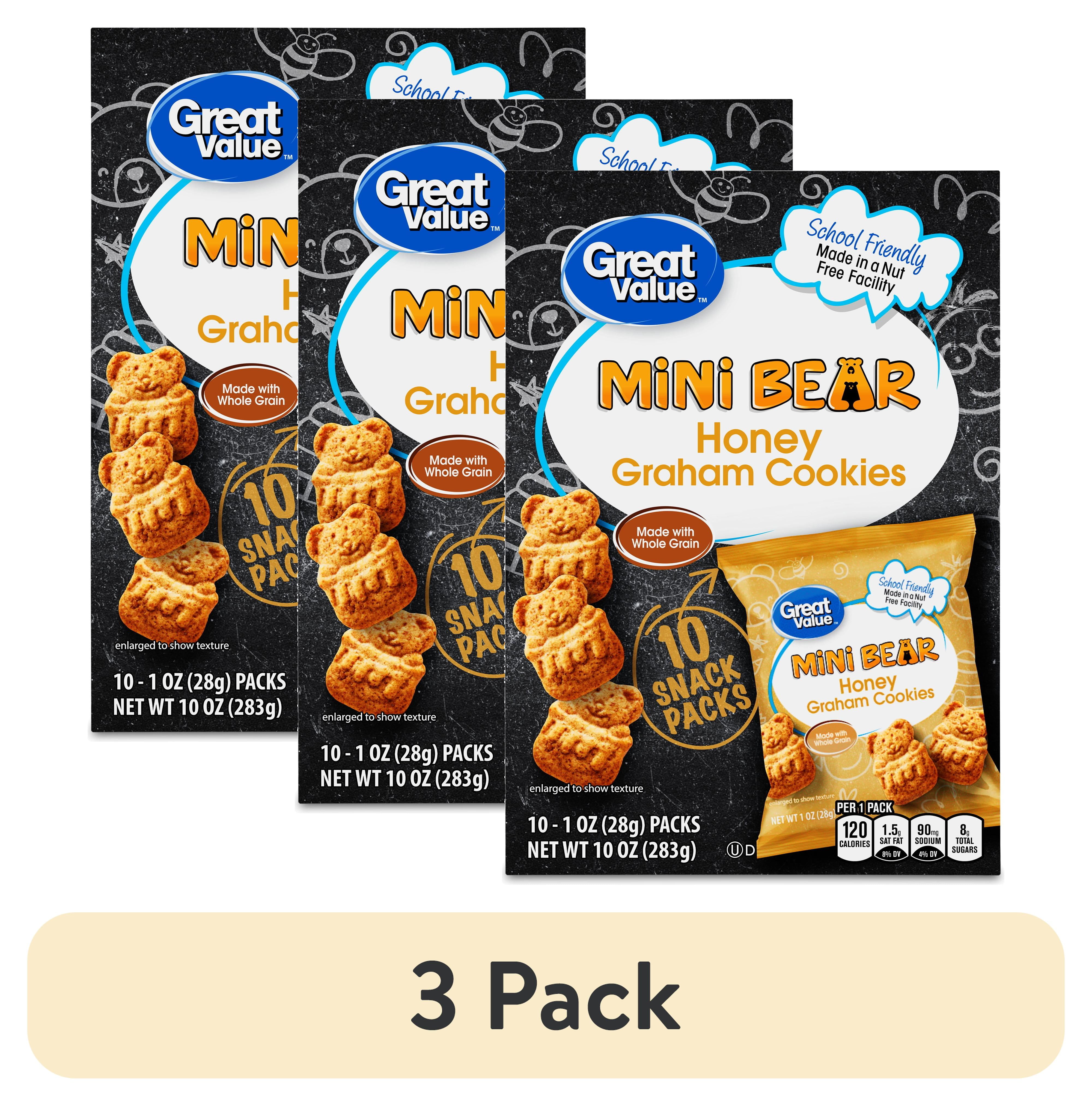 (3 pack) Great Value Mini Bear Honey Graham Cookies, 1 oz, 10 Snack Packs