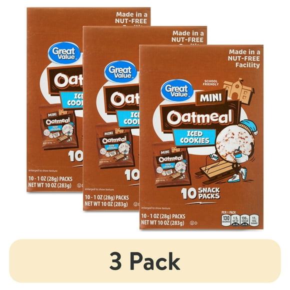 (3 pack) Great Value Mini Iced Oatmeal Cookies, 1 oz, 10 Snack Packs