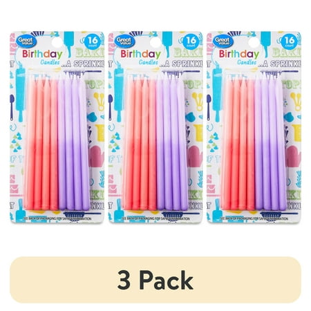 (3 pack) Great Value Tall Ombre Pink and Purple Birthday Candles, 16 Count