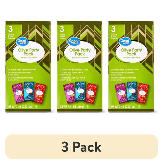 (3 pack) Great Value Olive Party Pack, Limited Edition Pouches, Dr Wt 7.41 oz