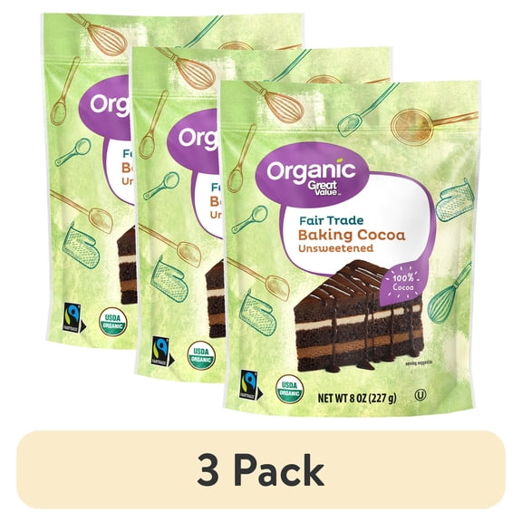 (3 pack) Great Value Organic Fair Trade Unsweetened Baking Cocoa, 8 oz (227g) – 100% Cocoa, Allergen-Free