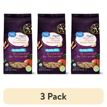 (3 pack) Great Value Organic Gluten-Free Brown Rice & Quinoa Penne Pasta, 16 oz Bag (Shelf Stable)