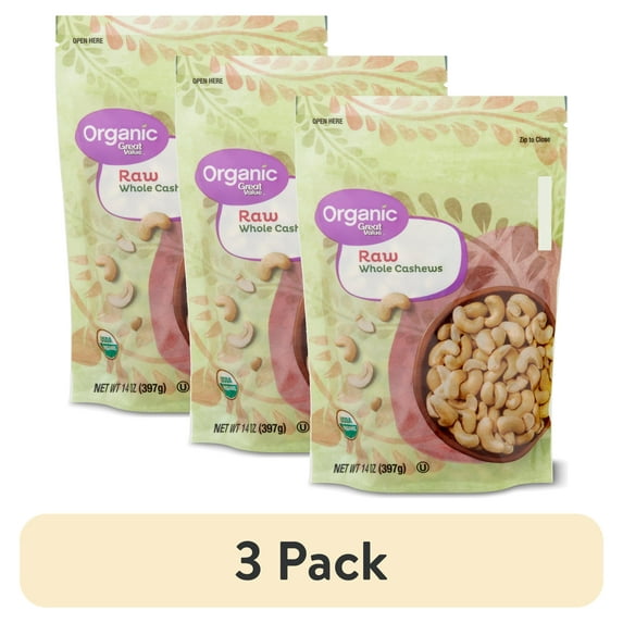 (3 pack) Great Value Organic Raw Whole Cashews, 14 oz