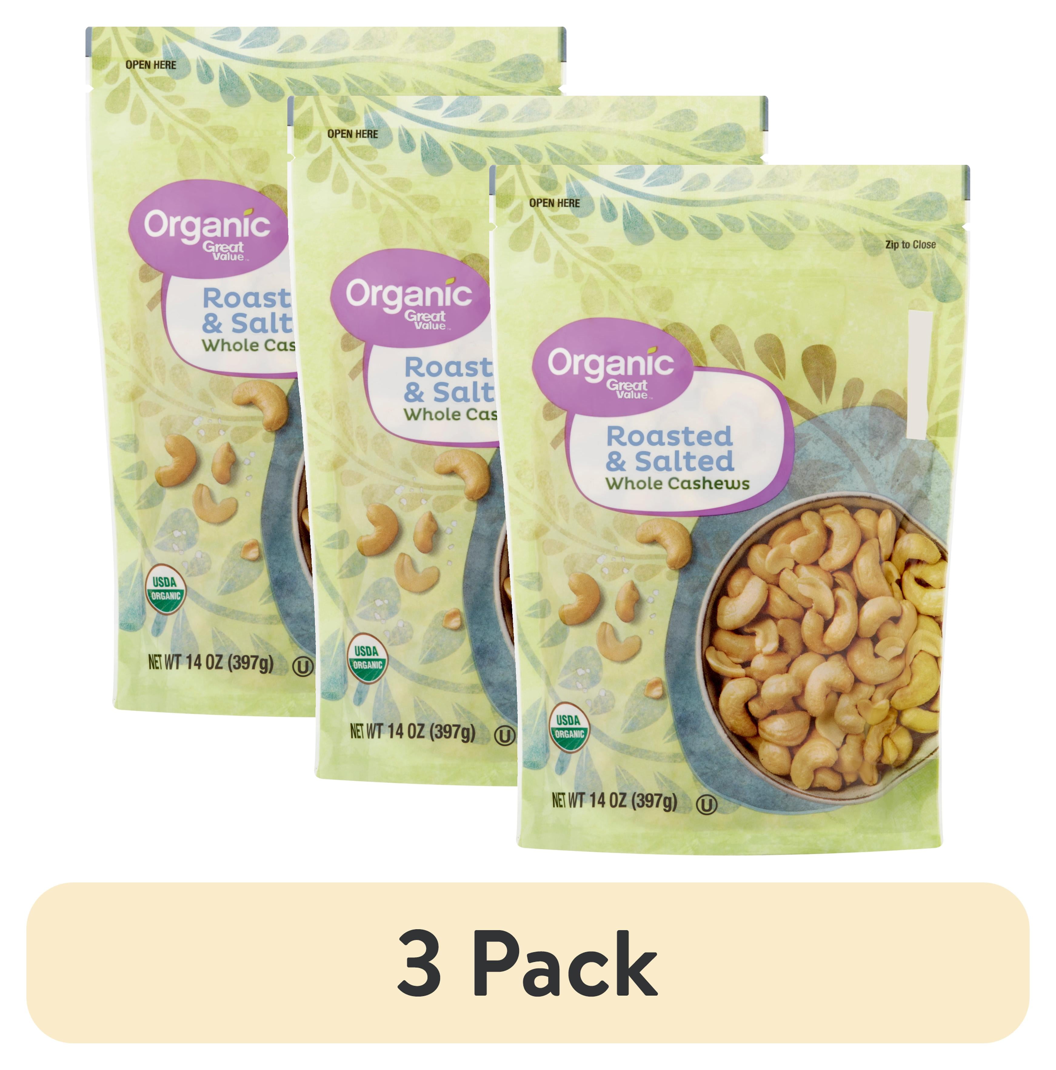 (3 pack) Great Value Organic Roasted & Salted Whole Cashews, 14 oz