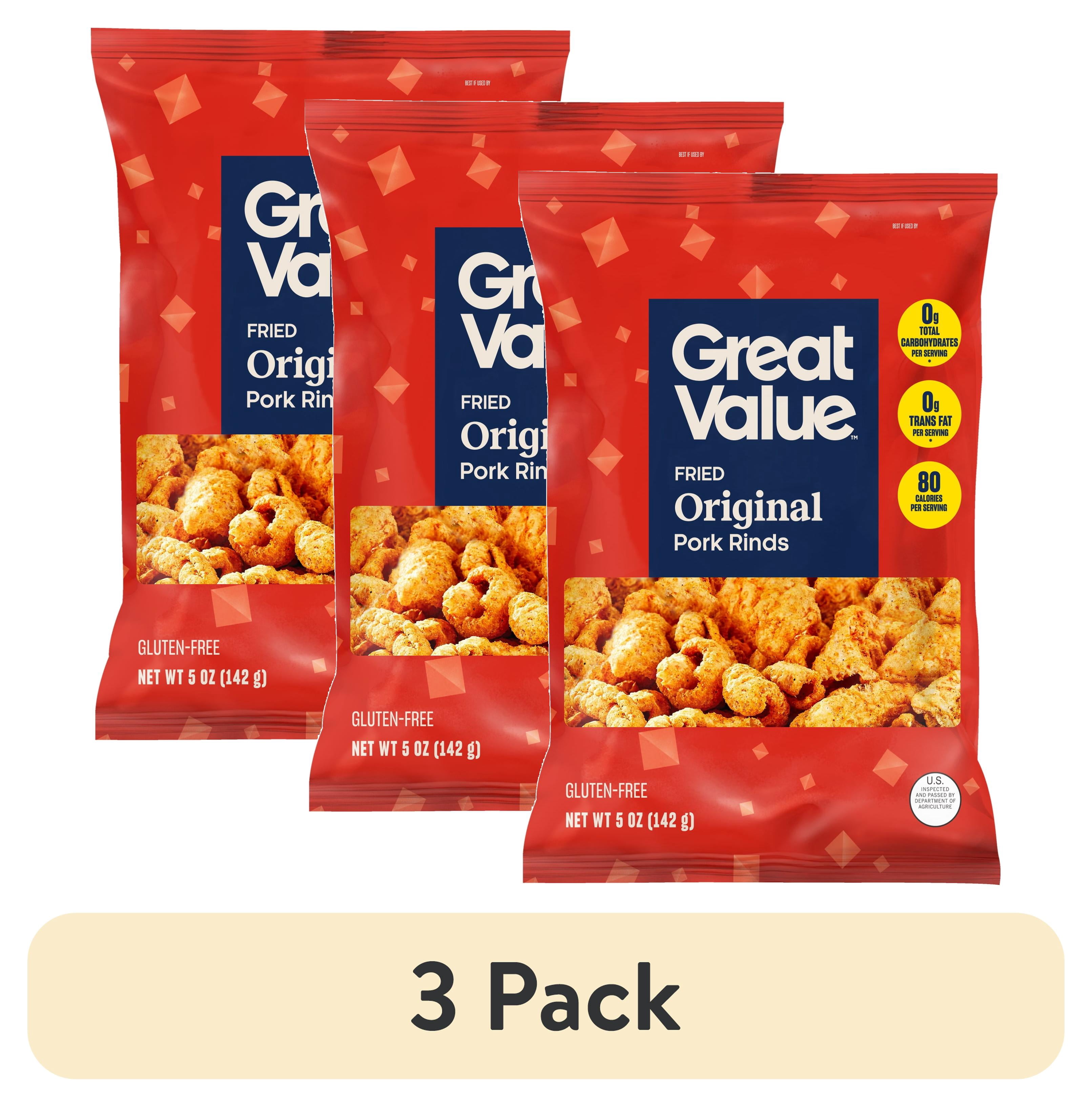 (3 pack) Great Value Original Chicharrónes Fried Pork Rinds, 5 oz