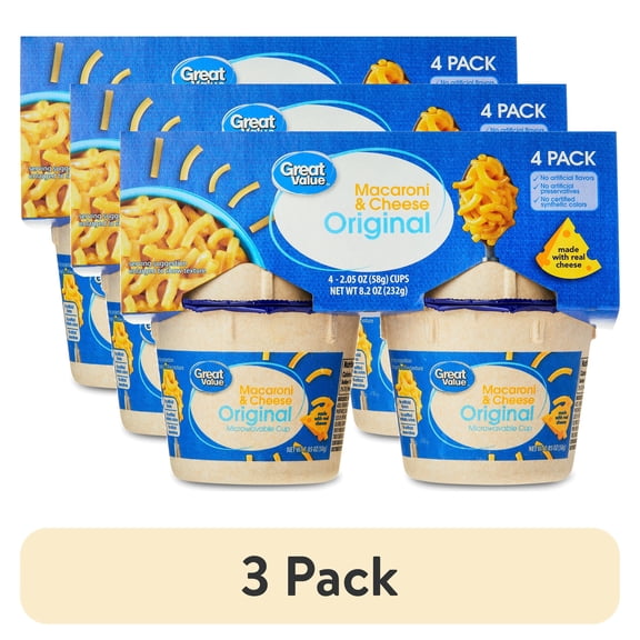 (3 pack) Great Value Original Macaroni & Cheese, 2.05 oz, 4 Pack (Shelf Stable)