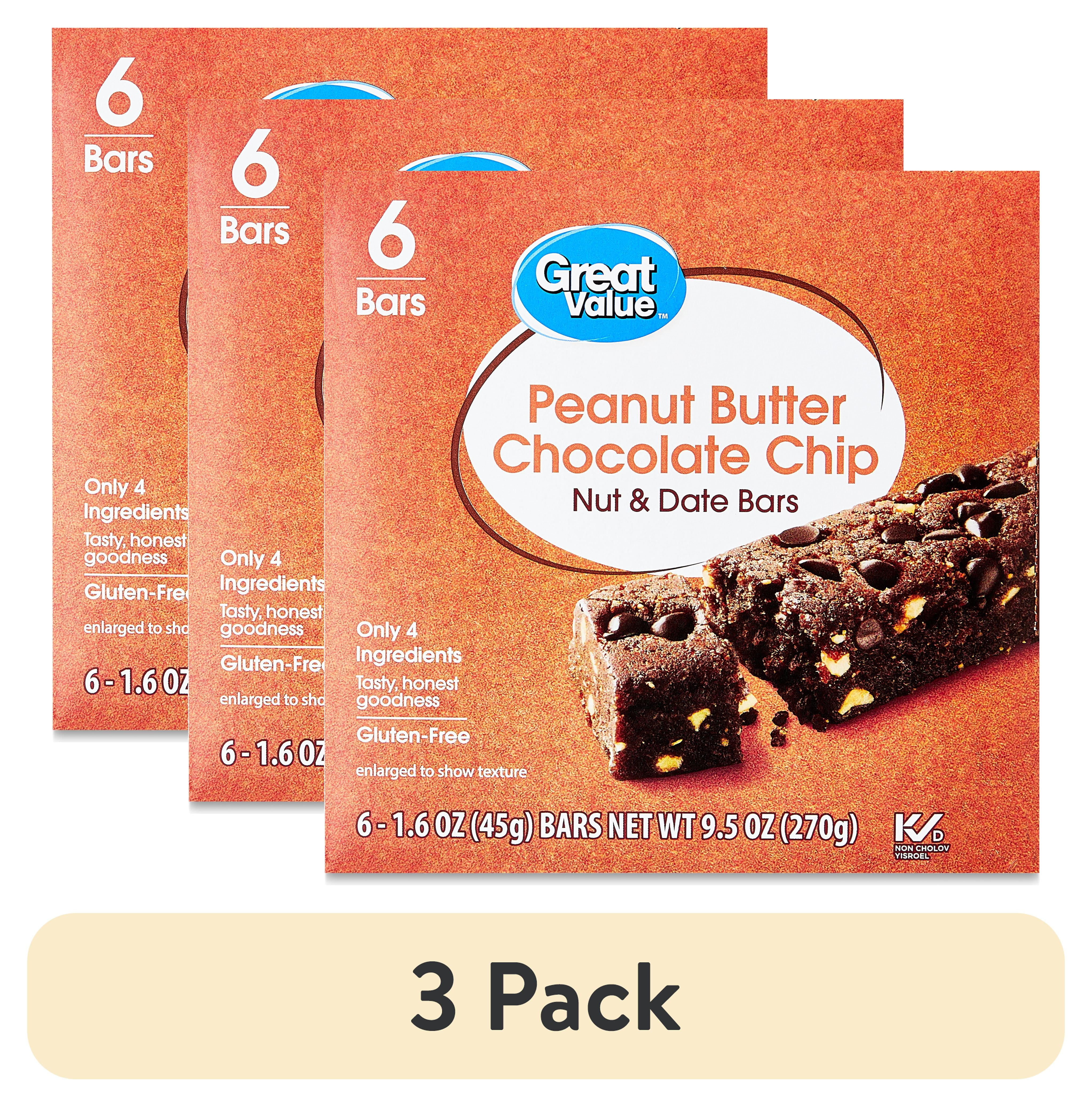 (3 pack) Great Value Peanut Butter Chocolate Chip Date & Nut Bars, 9.6 oz, 6 Count