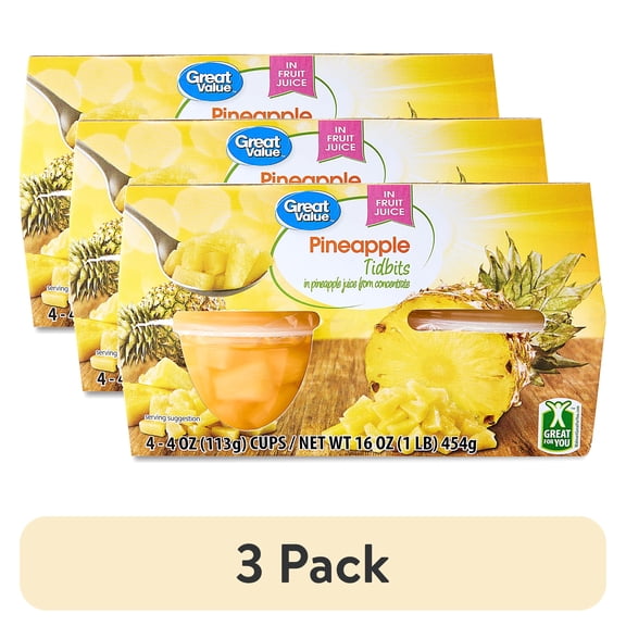 (3 pack) Great Value Pineapple Tidbits, 4 oz, 4 Count