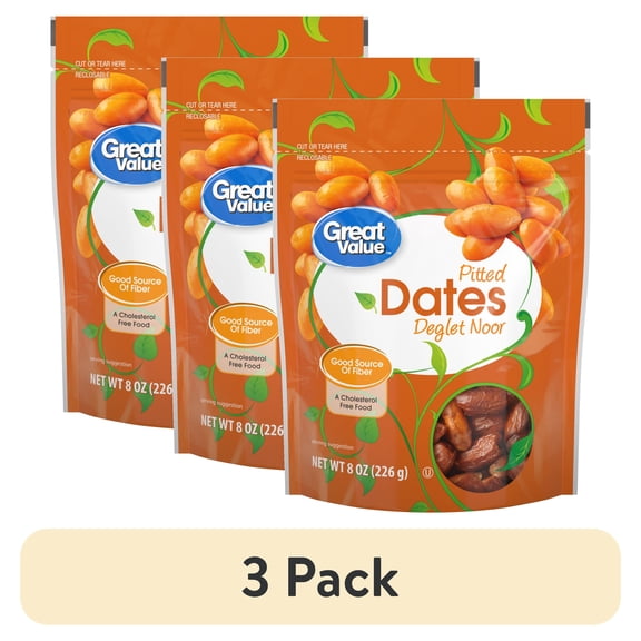 (3 pack) Great Value Pitted Deglet Noor Dates Dried Fruit, 8 oz
