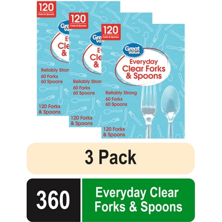 (3 pack) Great Value Plastic Everyday Clear Fork and Spoon Combo, 120 Count