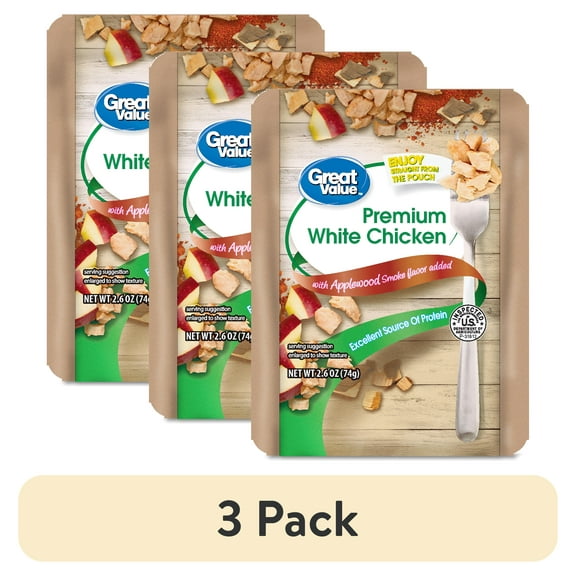 (3 pack) Great Value Premium White Chicken, Applewood Smoke, 2.6 oz Pouch
