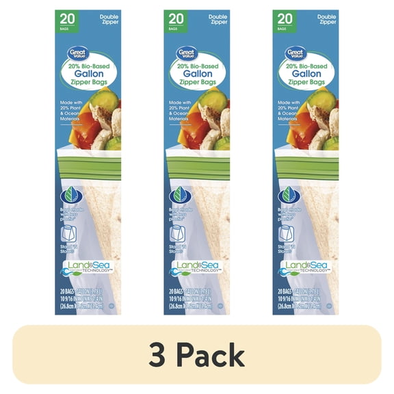 (3 pack) Great Value Reclosable Gallon Bags, Made with Bio-Based Materials, 20 Count