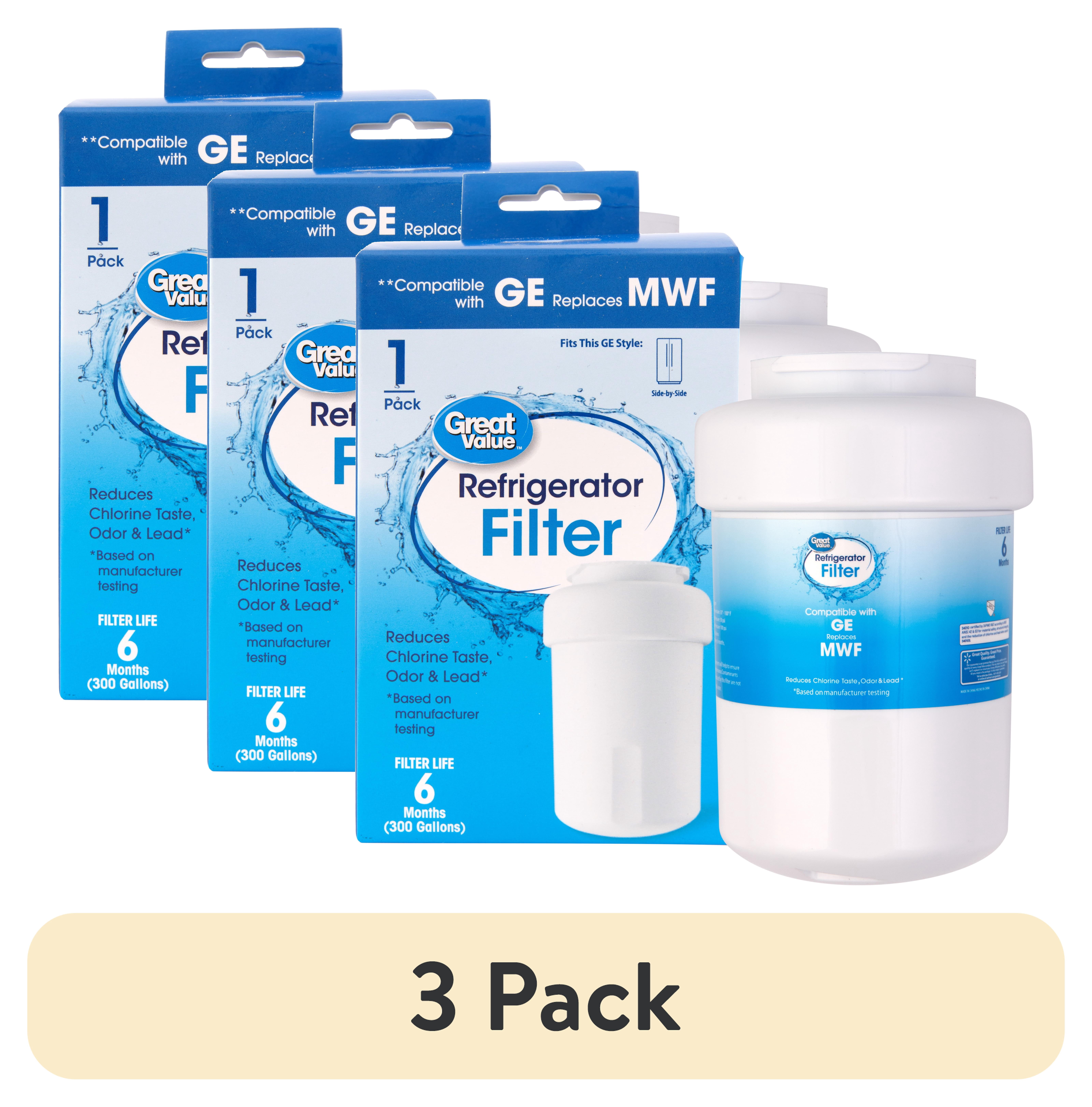 (3 pack) Great Value Replacement Refrigerator Water Filter for GE SmartWater MWF, MWFP, MWFA and GWF, 1 Each