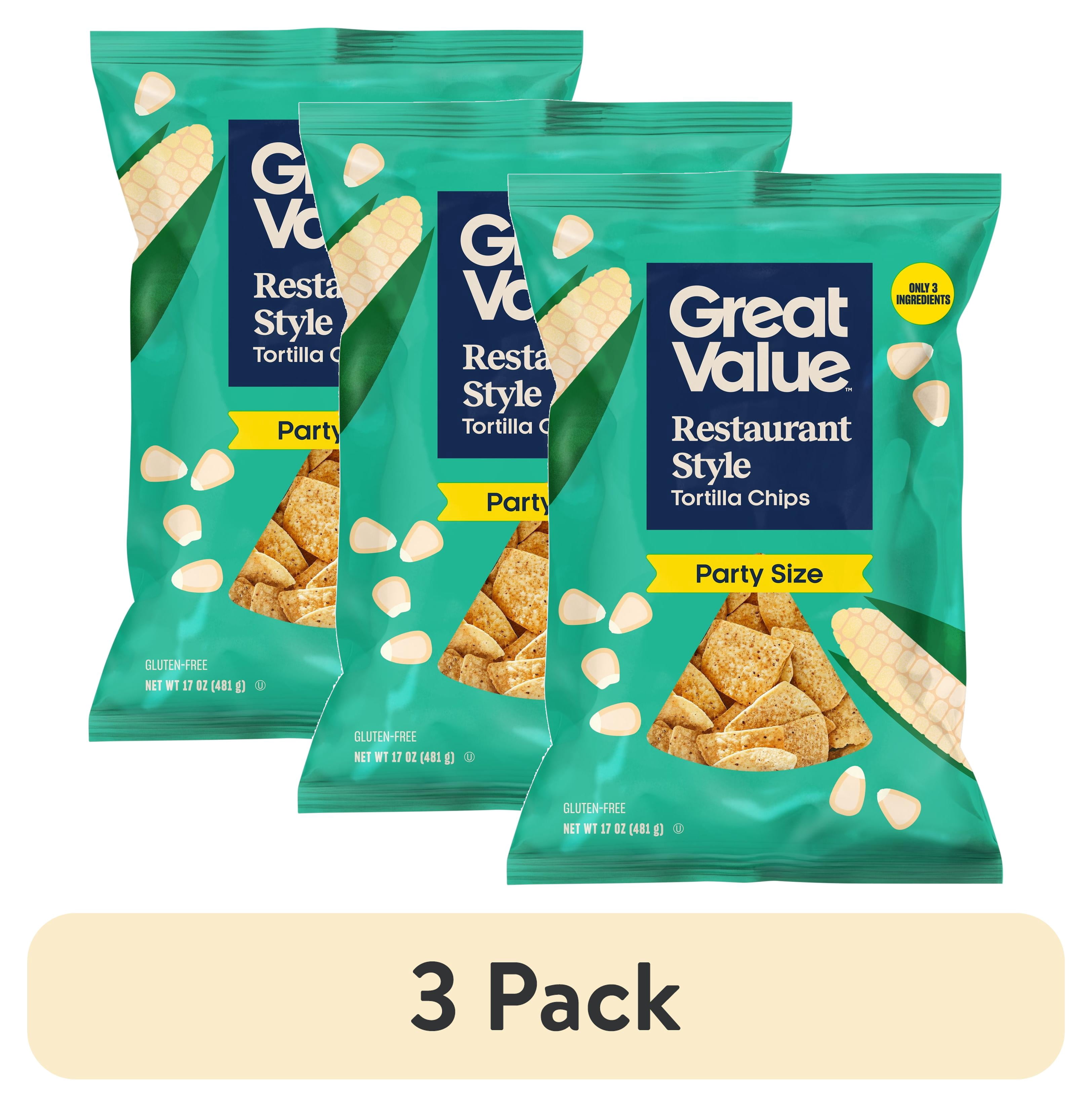 (3 pack) Great Value Restaurant Style Tortilla Chips Party Size, 17 oz