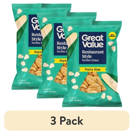 (3 pack) Great Value Restaurant Style Tortilla Chips Party Size, 17 oz