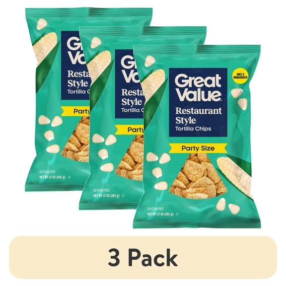 (3 pack) Great Value Restaurant Style Tortilla Chips Party Size, 17 oz