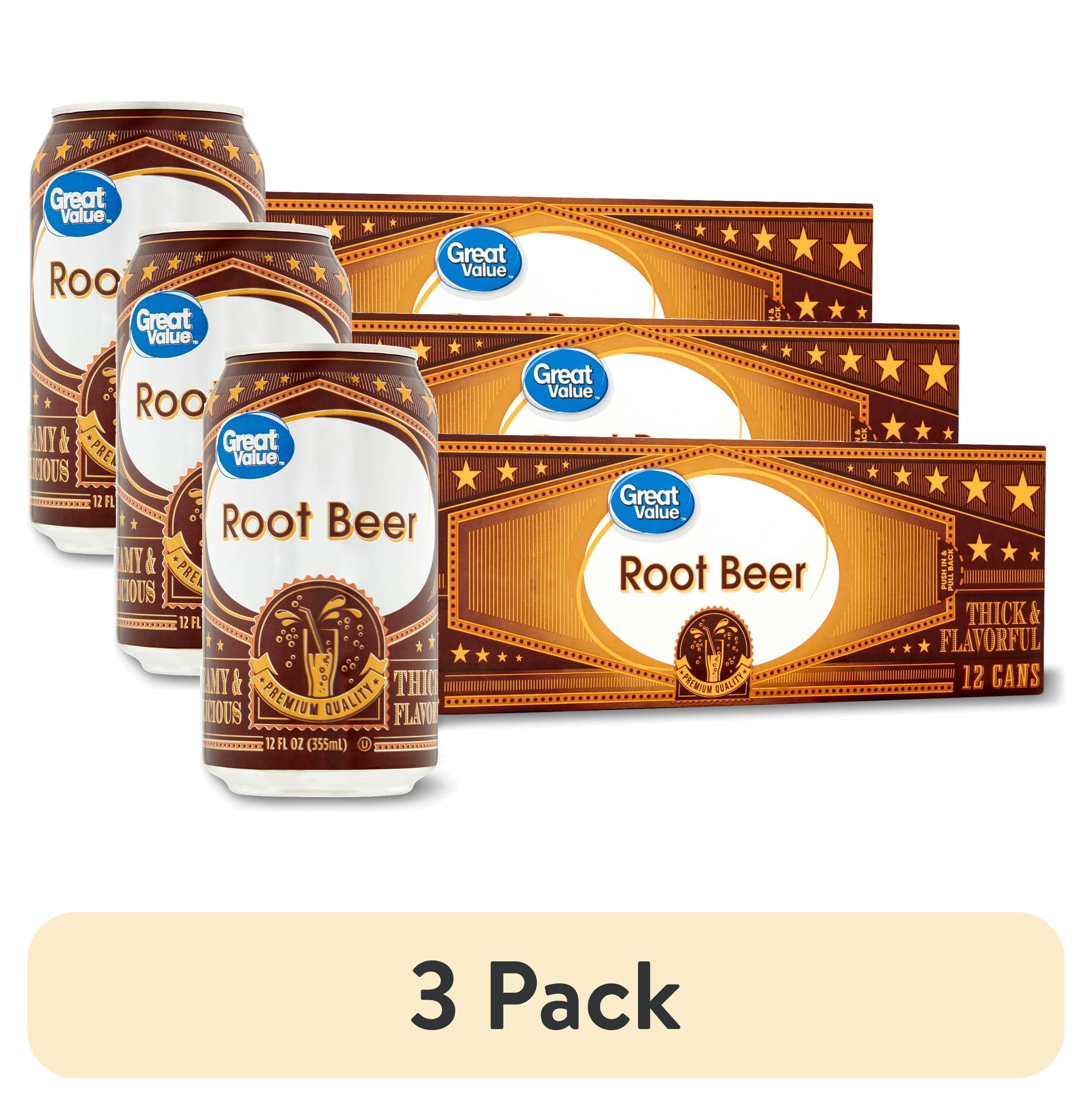 (3 pack) Great Value Root Beer Soda Pop, 12 fl oz, 12 Pack Cans