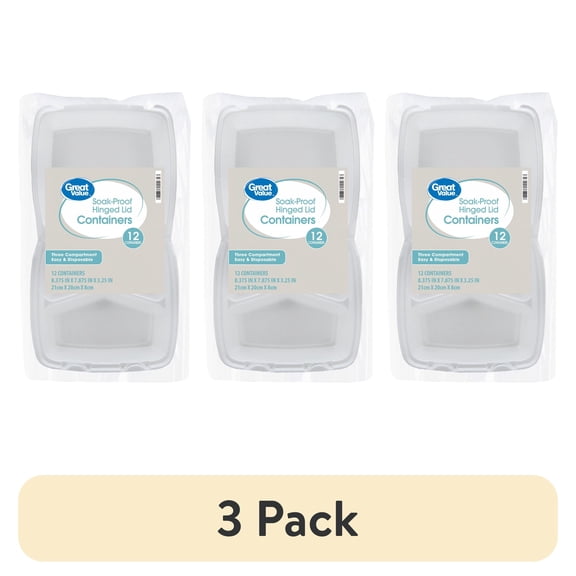 (3 pack) Great Value Soak-Proof 3-Compartment Foam Hinged Lid Containers, 12 Count