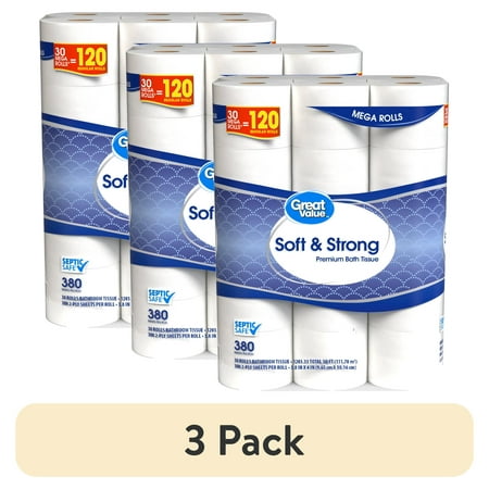 (3 pack) Great Value Soft & Strong Premium Toilet Paper, 30 Mega Rolls, 380 Sheets per Roll
