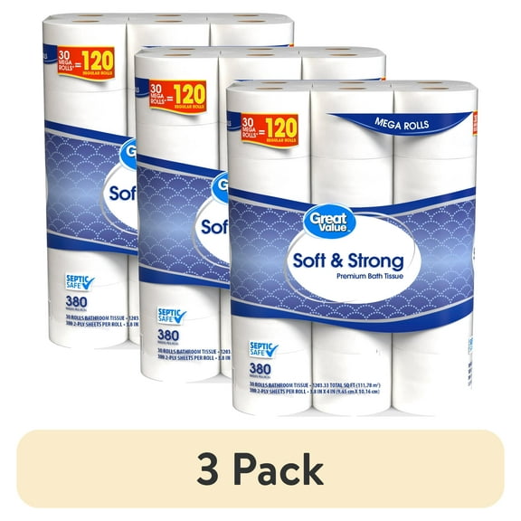 (3 pack) Great Value Soft & Strong Premium Toilet Paper, 30 Mega Rolls, 380 Sheets per Roll