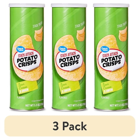 (3 pack) Great Value Stack Attack Sour Cream and Onion Potato Crisps, 5.5 oz