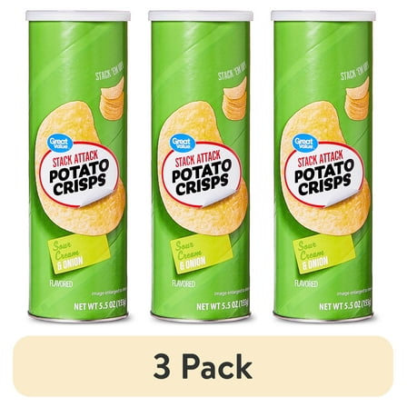 (3 pack) Great Value Stack Attack Sour Cream and Onion Potato Crisps, 5.5 oz