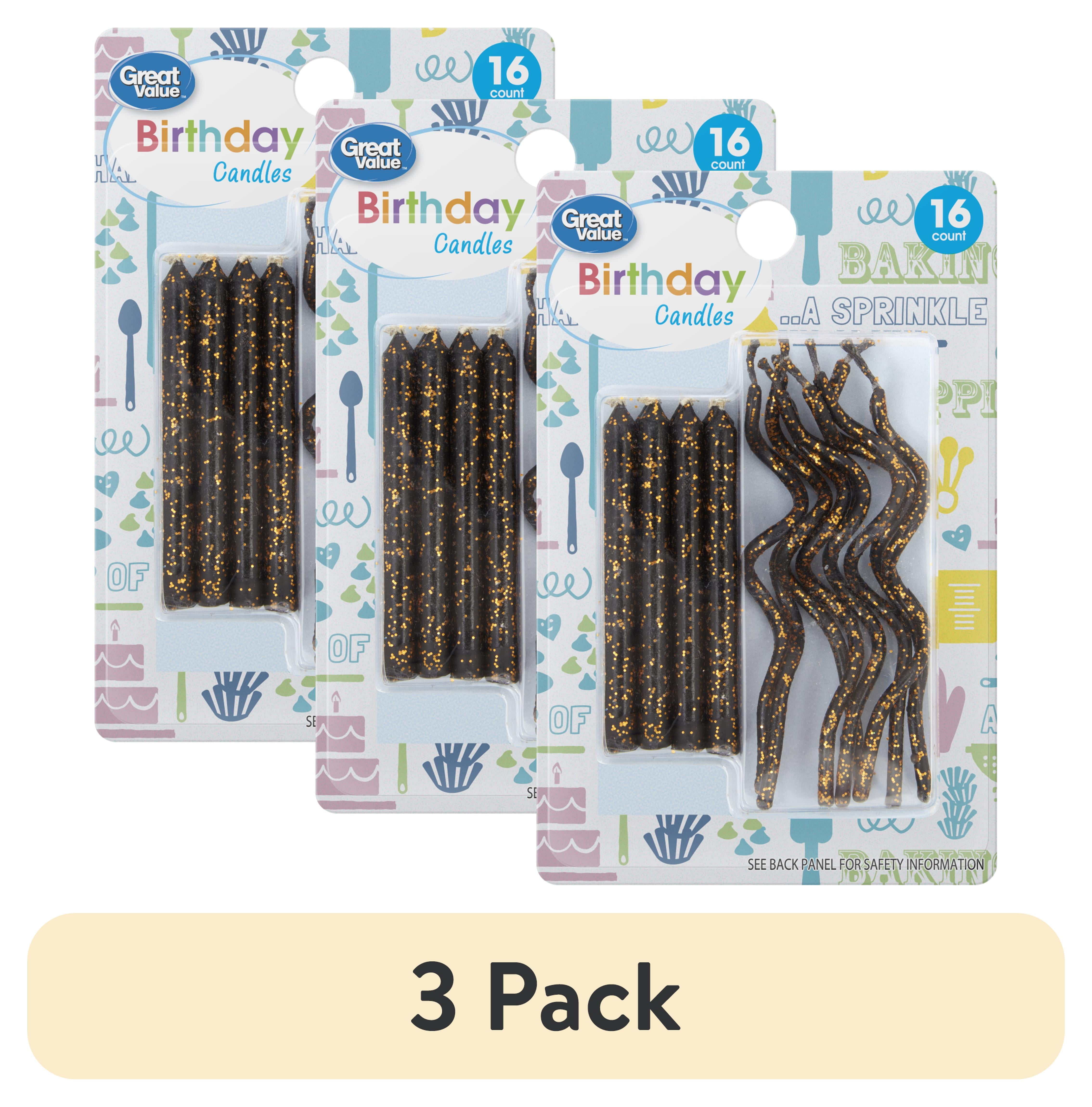 (3 pack) Great Value Straight & Wavy Birthday Candles, Black & Gold, 16 Count