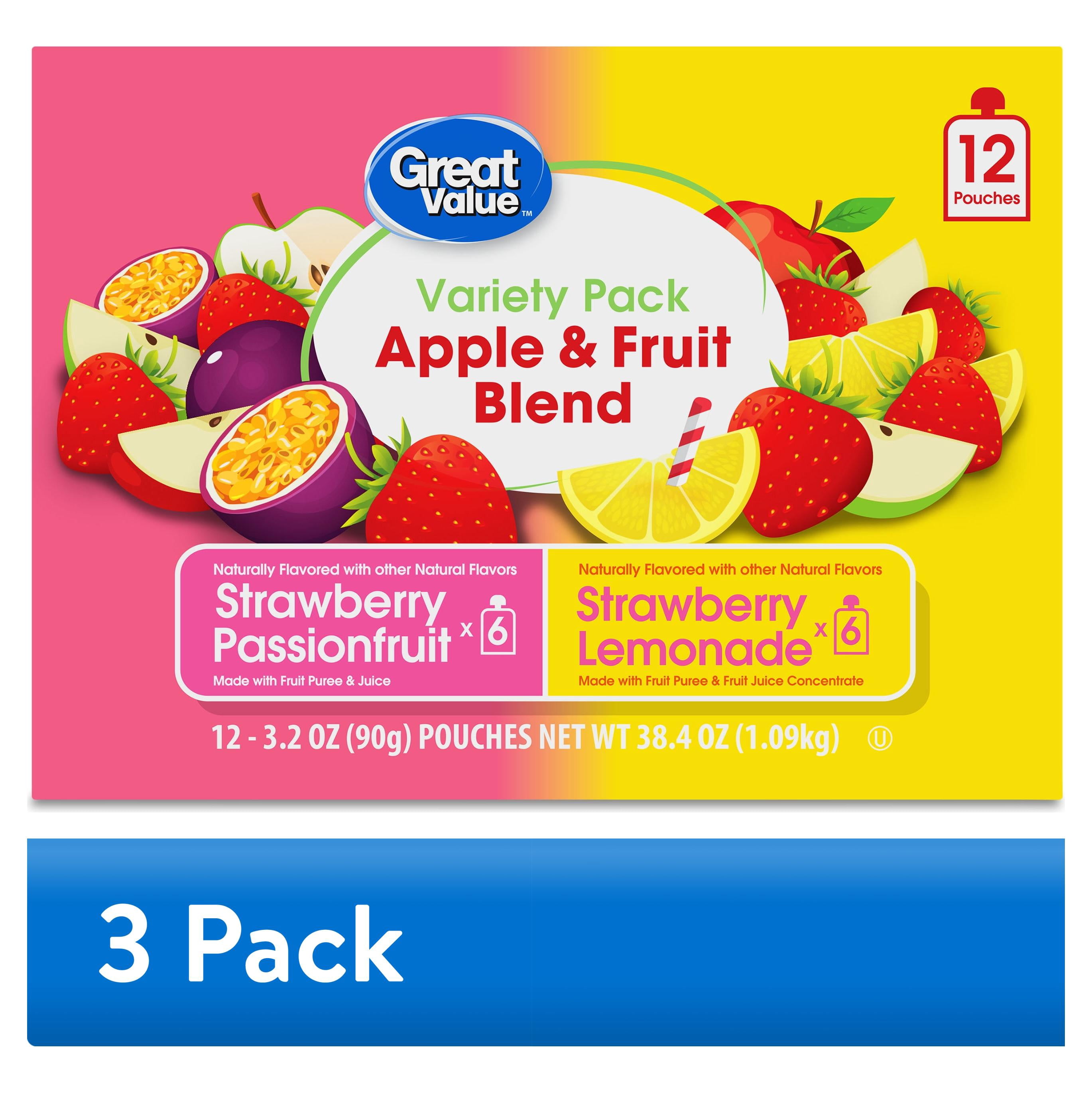 (3 pack) Great Value Strawberry Passionfruit and Strawberry Lemonade Fruit Blend Applesauce Pouches, 3.2 oz, 12 Count Box