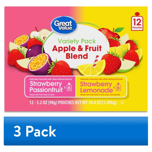 (3 pack) Great Value Strawberry Passionfruit and Strawberry Lemonade Fruit Blend Applesauce Pouches, 3.2 oz, 12 Count Box