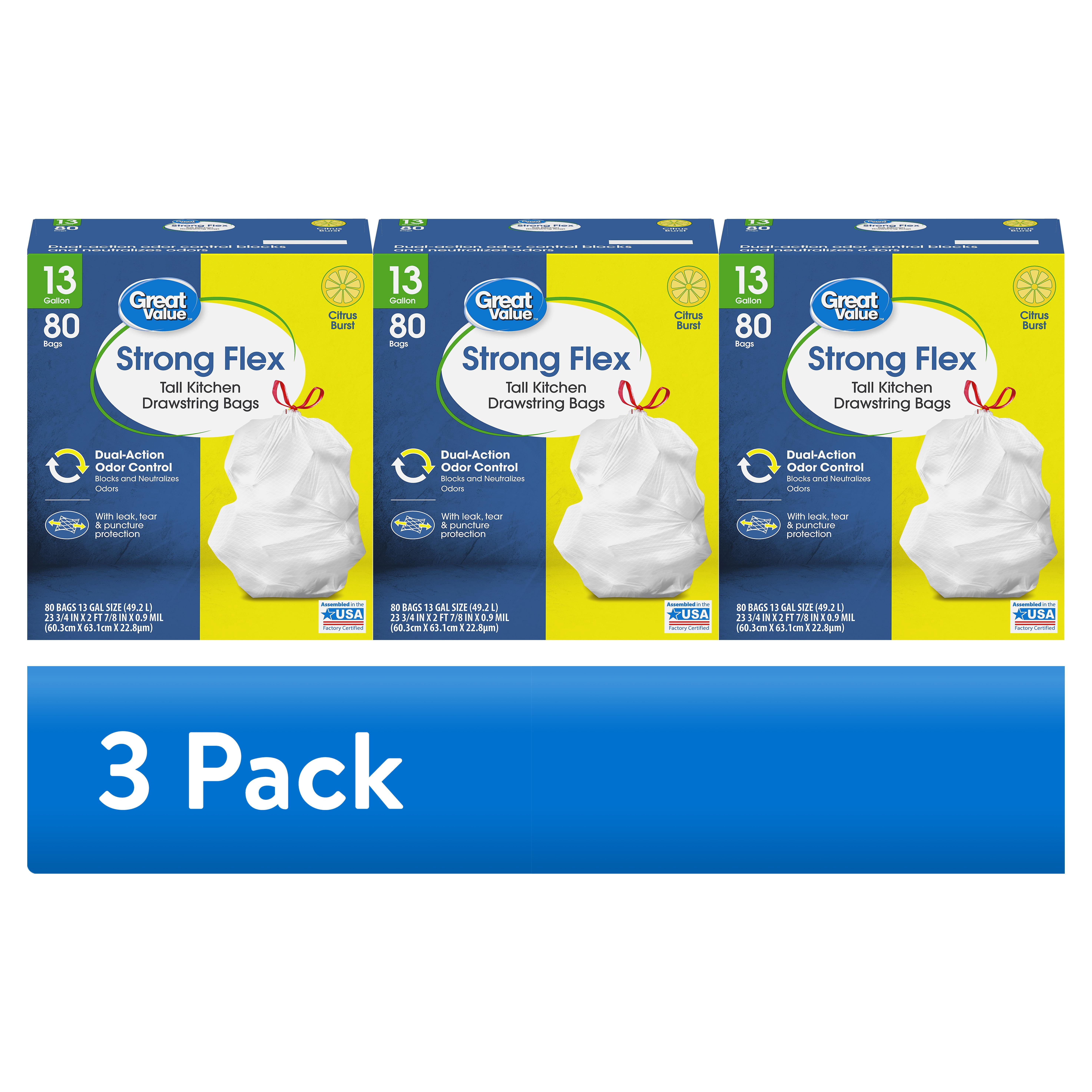 (3 pack) Great Value Strong Flex 13-Gallon Drawstring Tall Kitchen Trash Bags, Citrus Burst, 80 Count