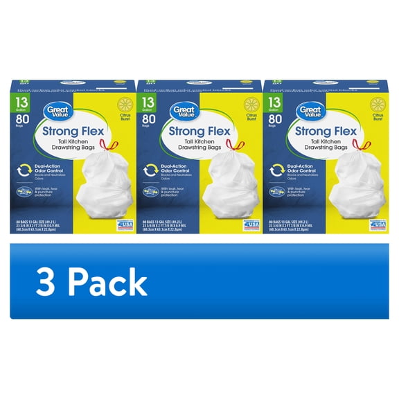 (3 pack) Great Value Strong Flex 13-Gallon Drawstring Tall Kitchen Trash Bags, Citrus Burst, 80 Count