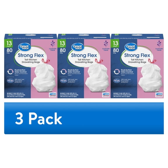(3 pack) Great Value Strong Flex Tall Kitchen Drawstring Garbage Bags, Lavender Fields, 13 Gallon, 80 Count