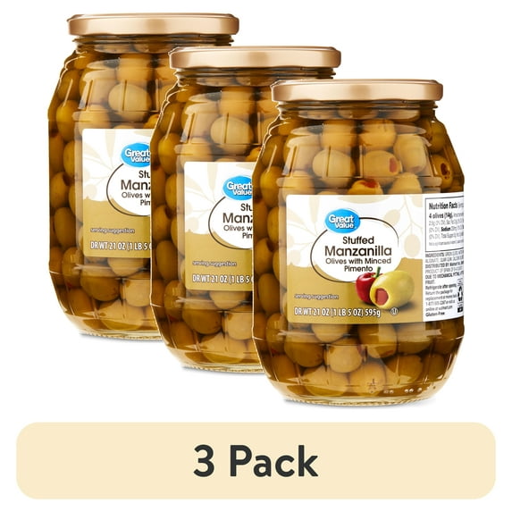 (3 pack) Great Value Stuffed Manzanilla Olives with Minced Pimento, 21 oz