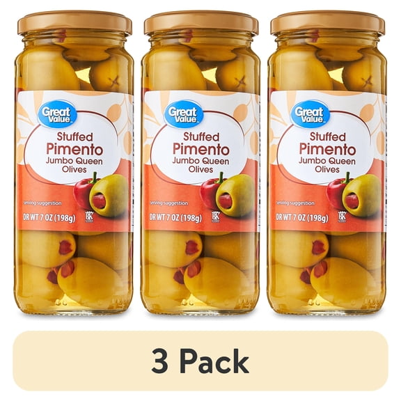 (3 pack) Great Value Stuffed Pimento Jumbo Queen Olives, 7 oz Jar