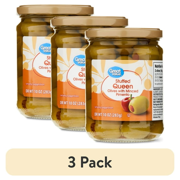 (3 pack) Great Value Stuffed Queen Olives with Minced Pimento, 10 oz