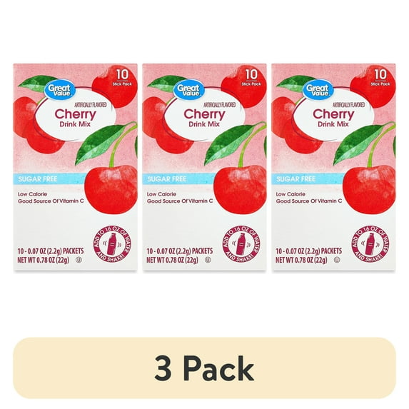 (3 pack) Great Value Sugar-Free Cherry Drink Mix, 0.78 oz, 10 Count