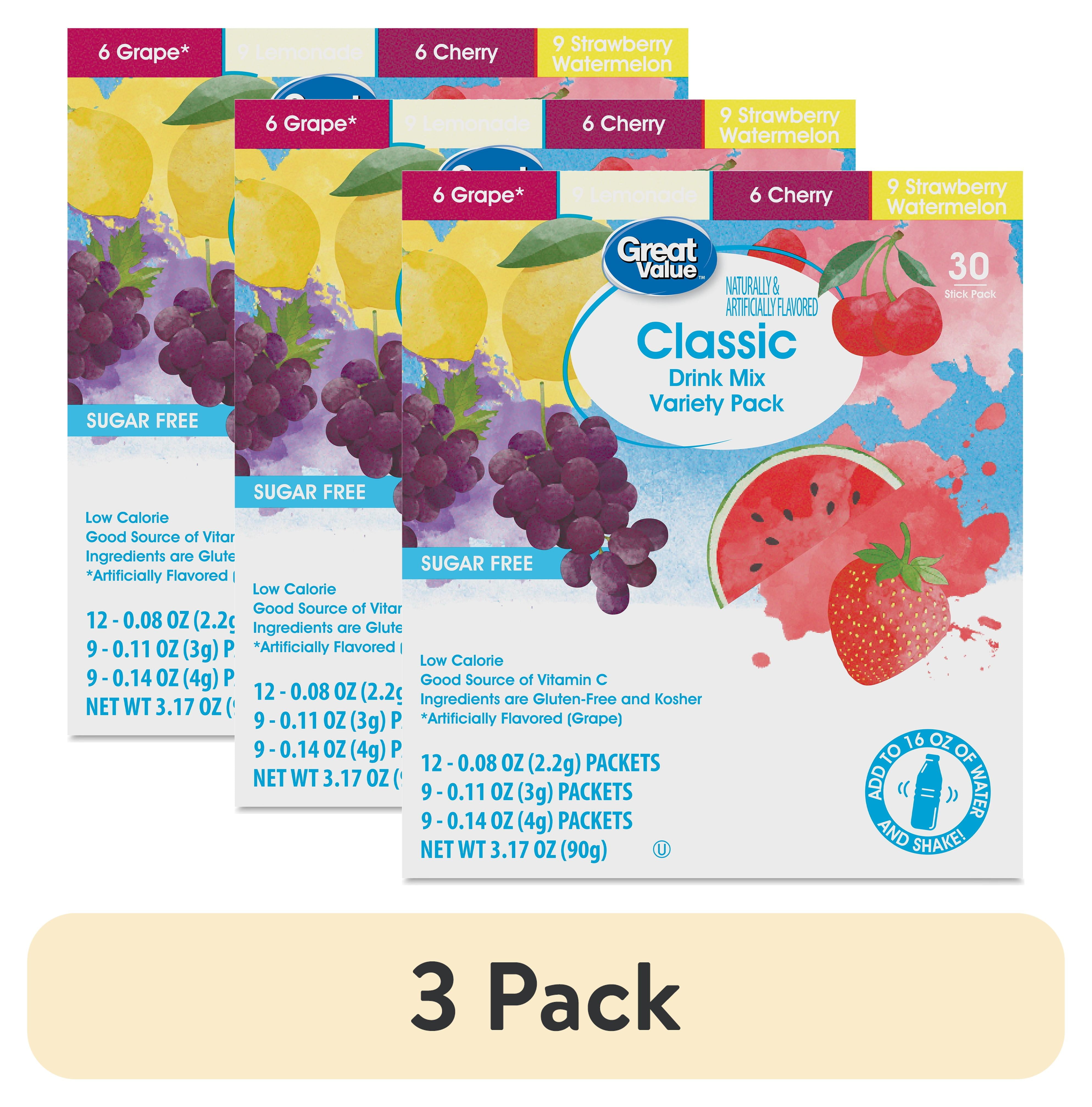 (3 pack) Great Value Sugar-Free Classic Variety Pack Drink Mix, 3.17 oz, 30 Count