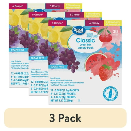 (3 pack) Great Value Sugar-Free Classic Variety Pack Drink Mix, 3.17 oz, 30 Count