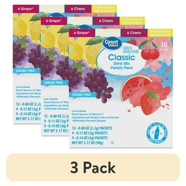 (3 pack) Great Value Sugar-Free Classic Variety Pack Drink Mix, 3.17 oz, 30 Count
