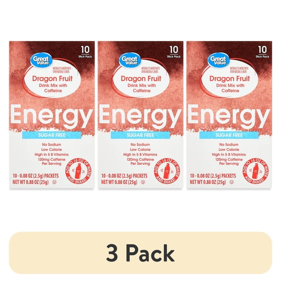 (3 pack) Great Value Sugar-Free Dragon Fruit Energy Drink Mix, 10 Packets
