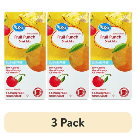 (3 pack) Great Value Sugar-Free Fruit Punch Drink Mix Powder, 1.9 oz, 6 Count