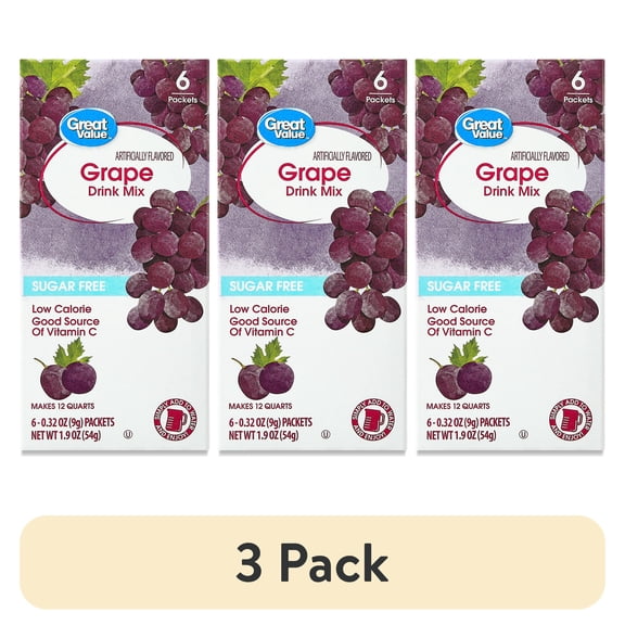 (3 pack) Great Value Sugar-Free Grape Drink Mix Powder, 1.9 oz, 6 Count