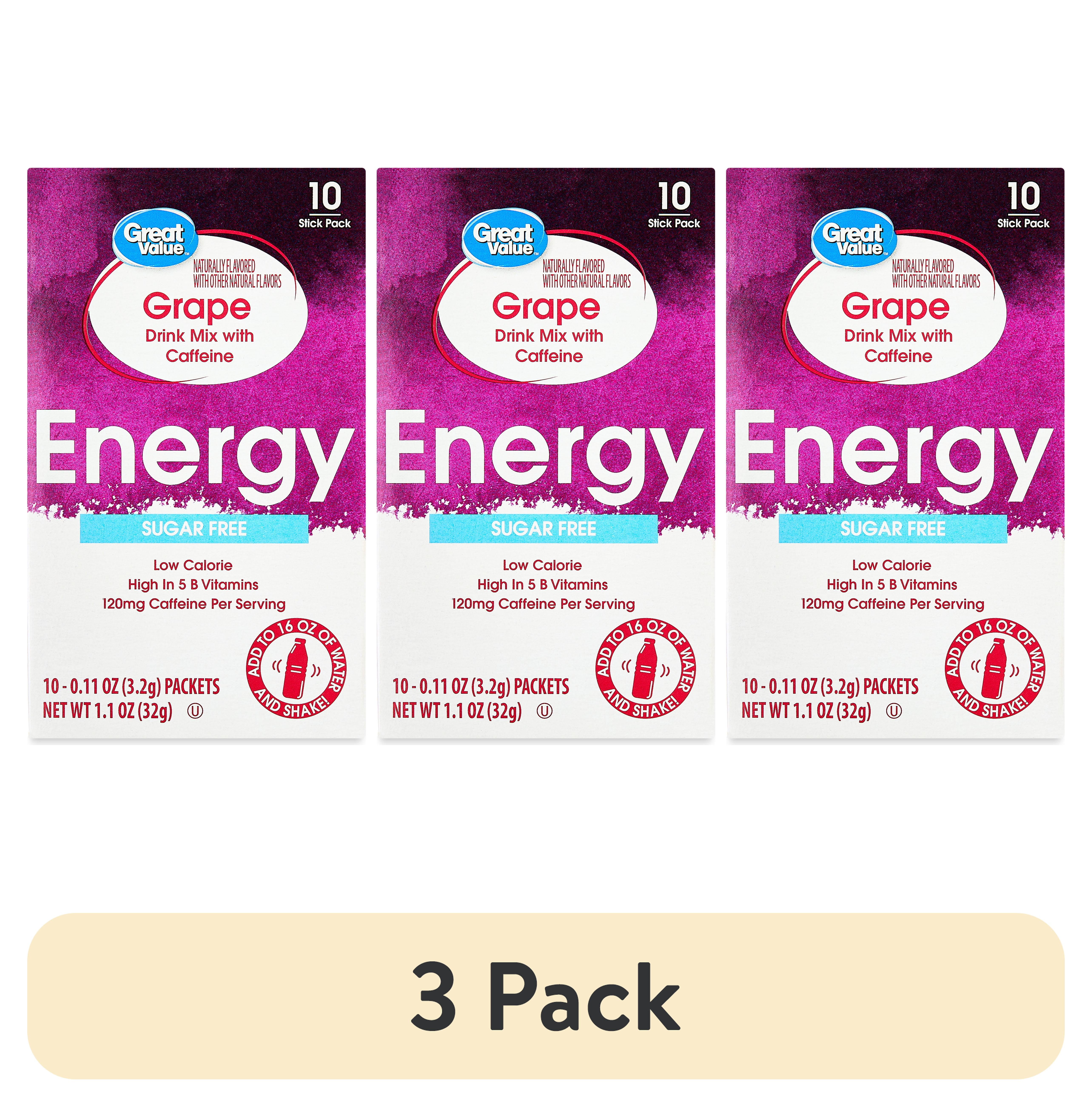 (3 pack) Great Value Sugar-Free Grape Energy Powdered Drink Mix, 1.1 oz, 10 Packets