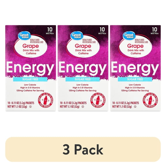 (3 pack) Great Value Sugar-Free Grape Energy Powdered Drink Mix, 1.1 oz, 10 Packets