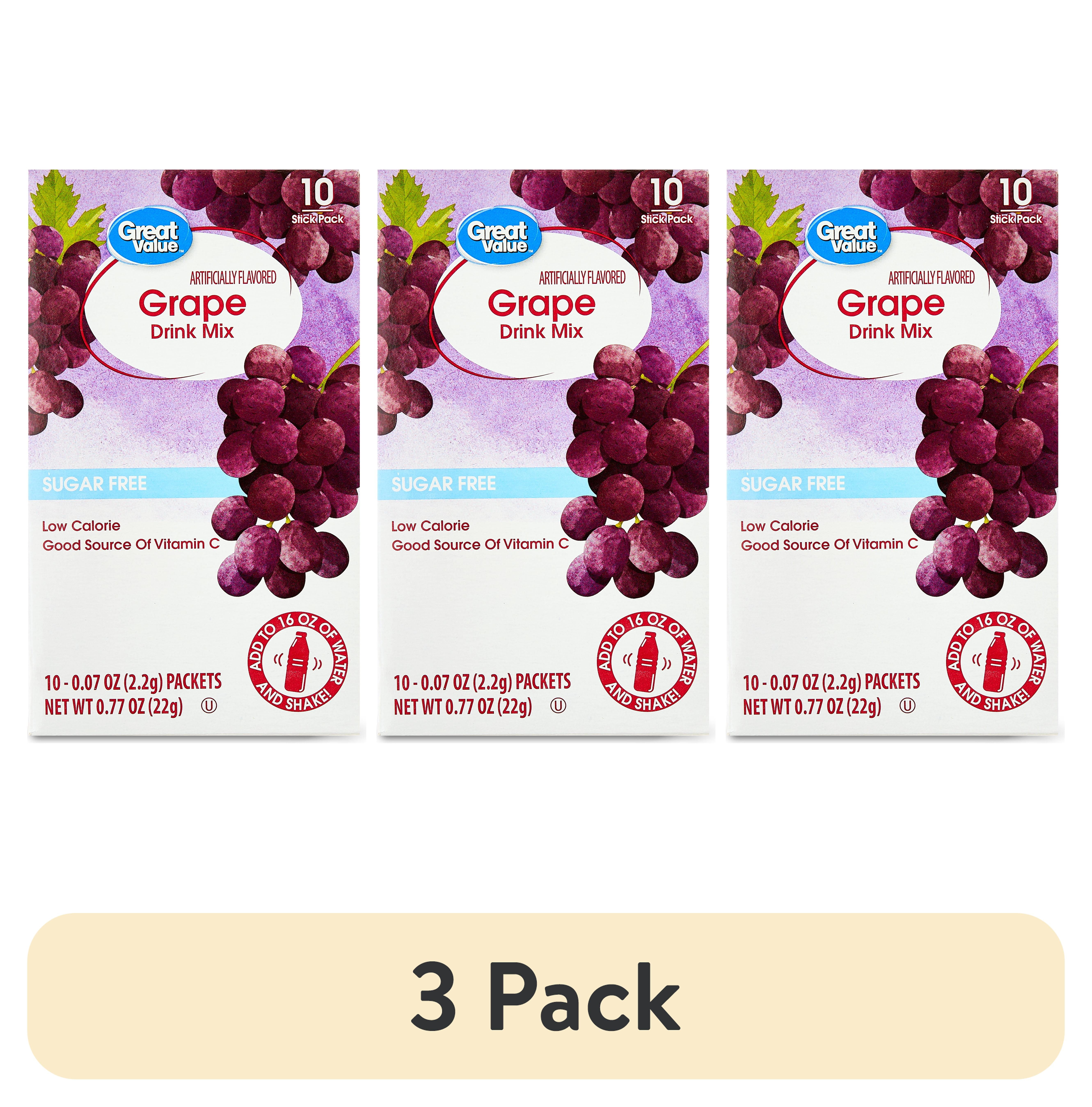 (3 pack) Great Value Sugar-Free Grape Powdered Drink Mix, 0.77 oz, 10 Packets