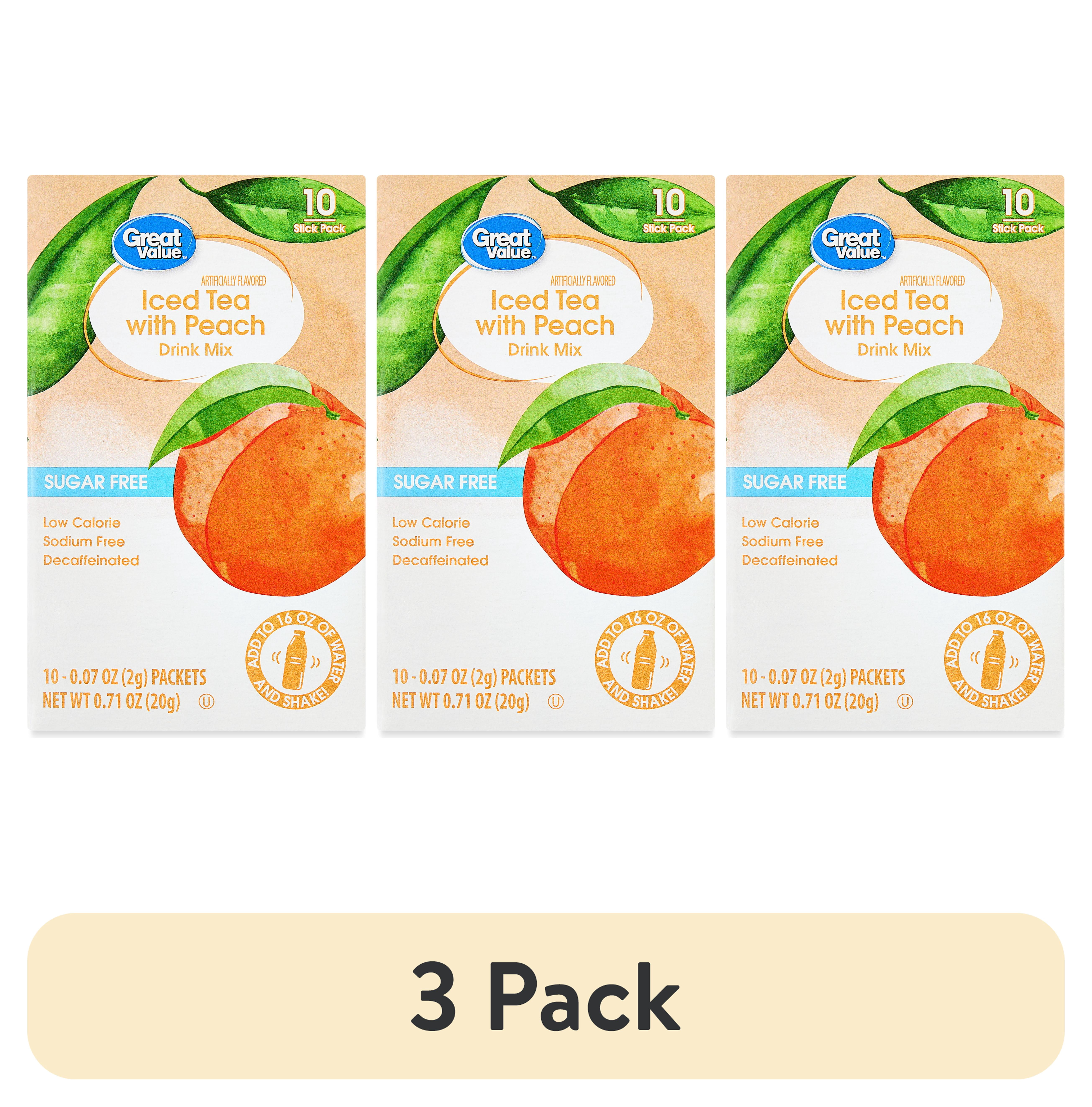 (3 pack) Great Value Sugar-Free Iced Tea with Peach Powdered Drink Mix, 0.07 oz, 10 Packets