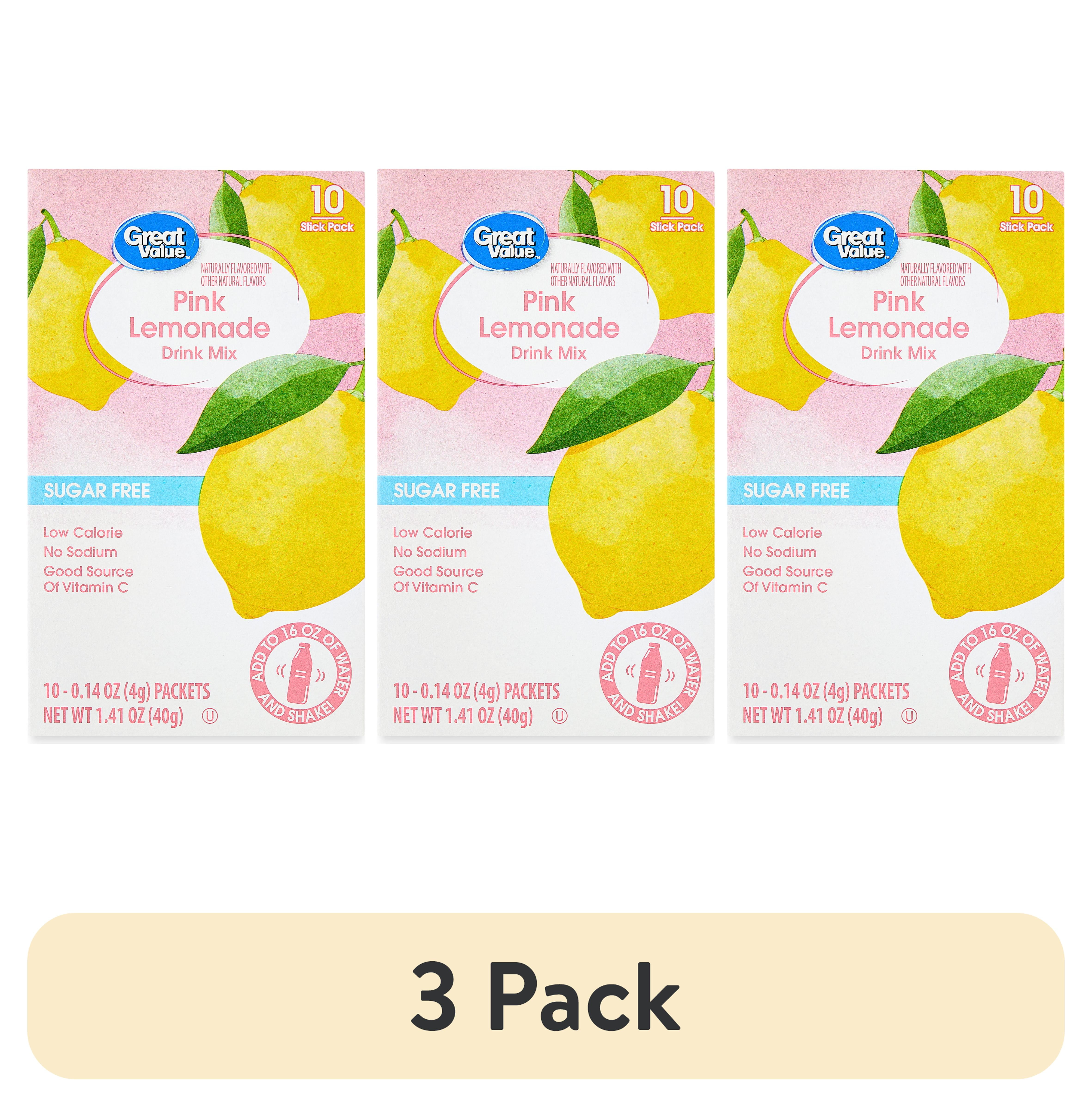(3 pack) Great Value Sugar-Free Pink Lemonade Drink Mix, 0.14 oz, 10 Count