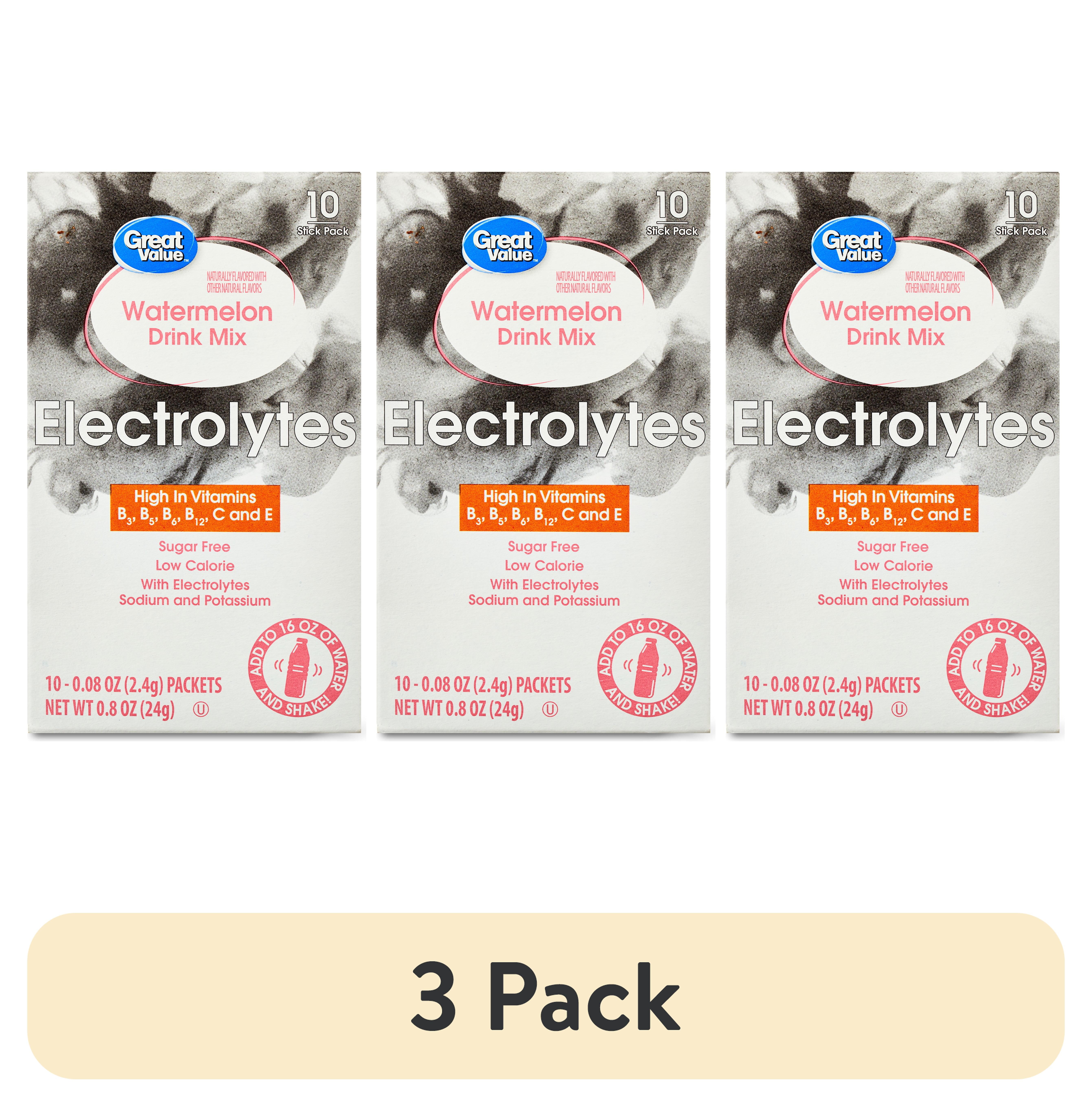 (3 pack) Great Value Sugar Free Watermelon Electrolytes Powdered Drink Mix, 0.8 oz, 10 Packets