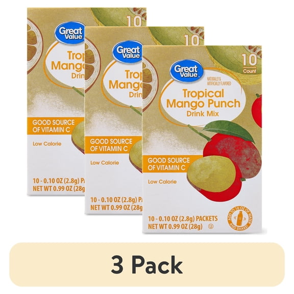 (3 pack) Great Value Tropical Mango Punch Drink Mix, 0.10 oz, 10 Count Packets